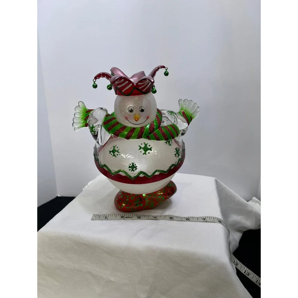 Snowman Jester Figurine Christmas Holiday Decor Glass Glitter Bells 9.5 Inch